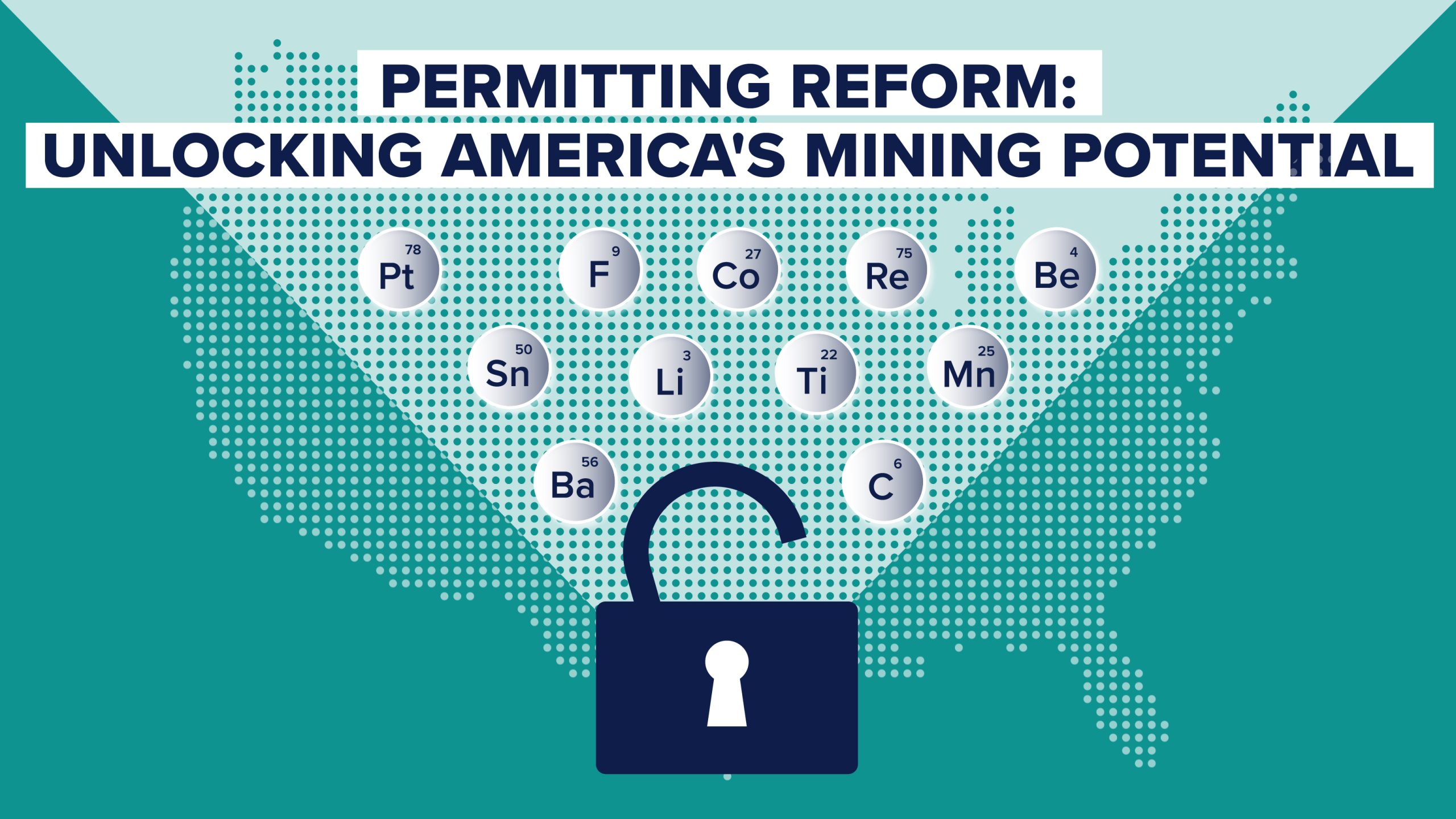 A map of the U.S. and an open lock surrounded by minerals with the caption: ‘Permitting Reform: Unlocking America’s Mining Potential’.