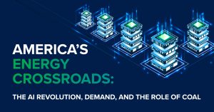 Illustration of interconnected data center towers symbolizing growing AI energy demand, with the title “America’s Energy Crossroads: The AI Revolution, Demand, and the Role of Coal.”