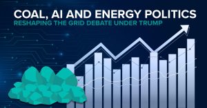 Illustration showing coal rocks beside a rising bar and line graph, symbolizing coal’s renewed strength in U.S. energy policy and its role powering America’s data-driven, AI-era economy, with headline, “Coal, AI and Energy Politics Reshaping the Grid Debate Under Trump.