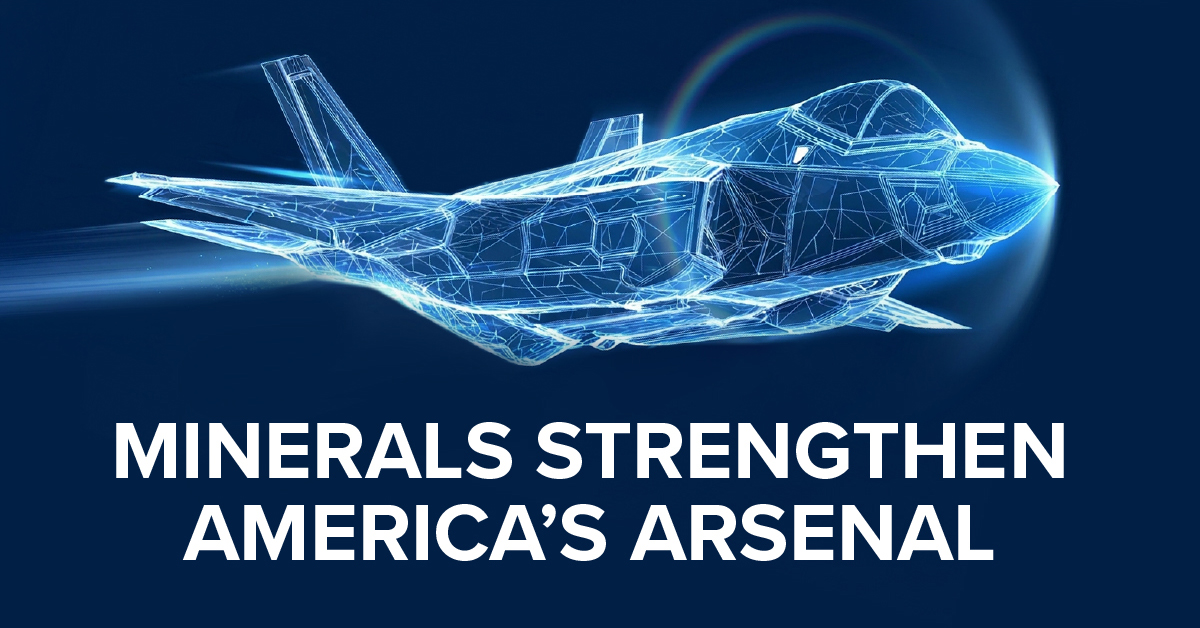 Blue, digital-style illustration of a military fighter jet with the headline “Minerals Strengthen America’s Arsenal.”